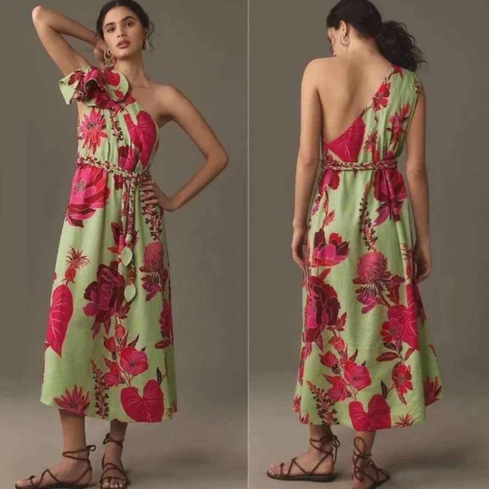 Farm Rio Fresh Garden One-Shoulder Linen Midi Dress (S)